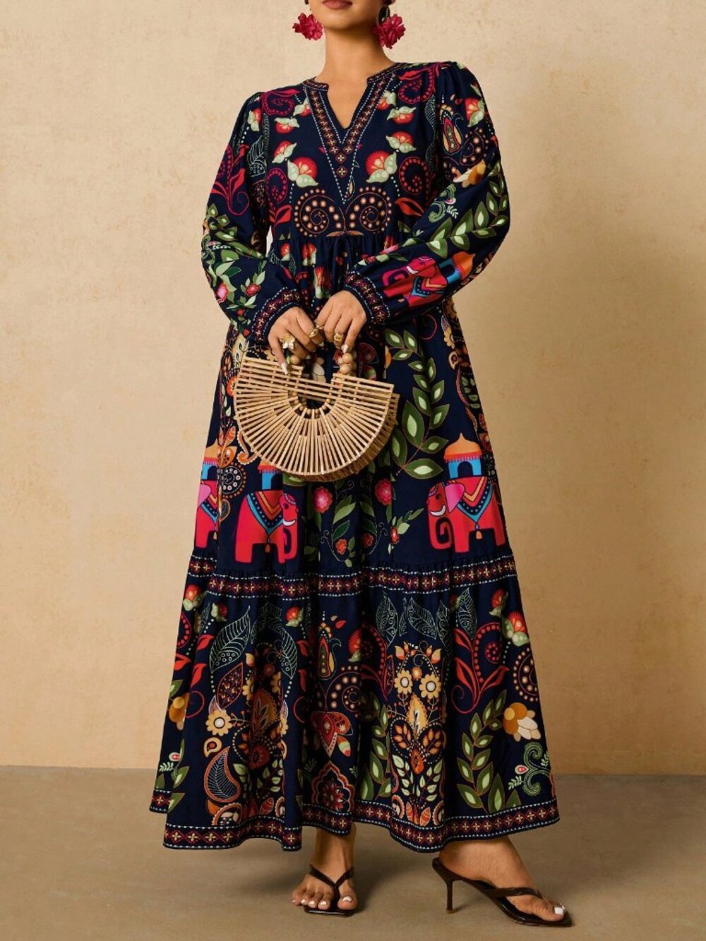 Boho Women's Navy Blue Plus Size Floral Long Sleeve maxi Dress - Picture 5 of 7